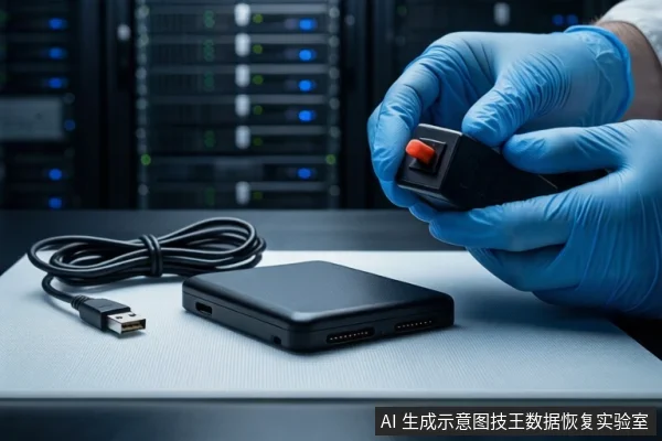 白色桌面上平放一个黑色外接硬盘盒和盘绕的黑色USB线缆。右侧一双戴蓝色手套的手正持握一个带有红色按钮的黑色设备,背景为模糊的服务器机柜。