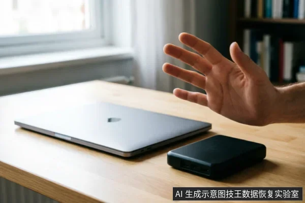 木质桌面上放置着一台闭合的银灰色笔记本电脑和一个黑色移动硬盘。一只手掌张开悬停在设备上方,做出停止、拒绝或保持距离的手势,示意不要触碰或操作这些存储设备。