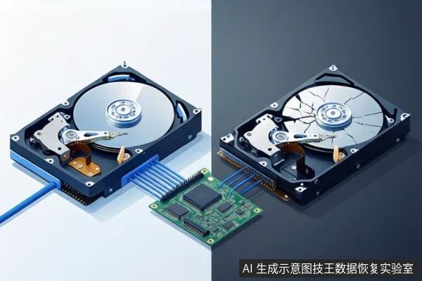 画面分为左右两部分,左侧展示一块连接着蓝色线缆和绿色电路板的机械硬盘,右侧展示一块盘片表面布满裂纹的机械硬盘。