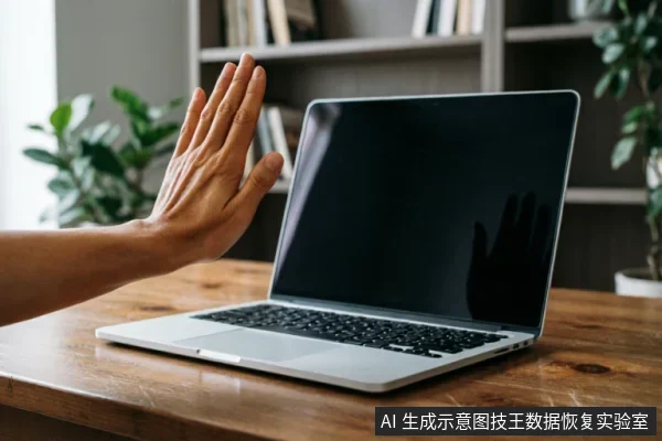 画面展示了一只手在木质桌面上向一台打开的银色笔记本电脑做出“停止”或“拒绝”的手势,手掌正对屏幕。电脑屏幕呈黑色关闭状态,背景为模糊的书架和绿植,象征在遇到硬件故障时应立即停止操作。
