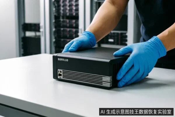 一名佩戴蓝色防静电手套的技术人员双手托举着一台黑色的巴法洛(Buffalo)NAS设备,背景为模糊的服务器机柜。画面展示了在专业数据恢复环境中对故障存储设备进行搬运或检查的场景。