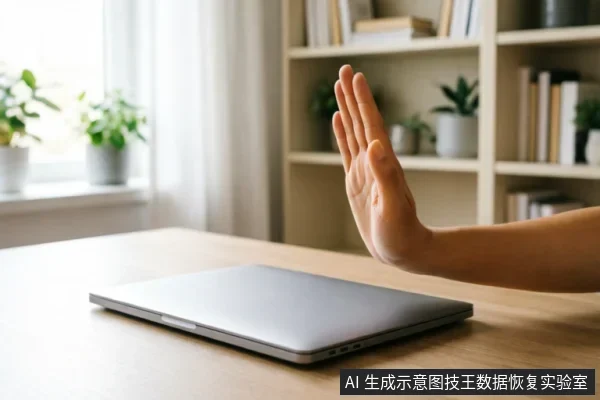 一只手掌在闭合的笔记本电脑前做出明确的停止手势，示意拒绝操作。背景为带有书架和绿植的明亮桌面环境，强调面对设备故障时应立即停止读写、保护原始介质的紧急干预原则。