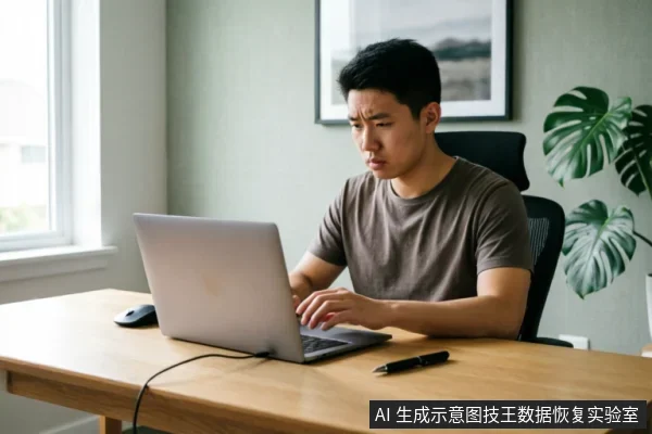 一名身穿灰色T恤的男子坐在木质办公桌前，神情专注且略带忧虑地操作着银色笔记本电脑。桌面上放有黑色鼠标和一支笔，背景可见窗户、挂画及绿植，呈现出典型的居家办公或技术排查场景。