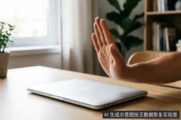 一只手掌在闭合的笔记本电脑前做出明确的停止手势,示意暂停操作。背景为带有绿植和书架的办公桌面,画面传达出在设备故障时立即停止写入、保护数据完整性的紧急止损概念。