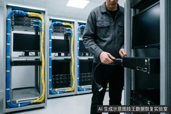 一名身穿深色工装的技术人员站在服务器机房内,正手持一根黑色数据线准备连接或检查机架上的服务器设备。背景可见整齐排列的机柜及蓝黄两色理线,展现了专业硬件维护与排查的场景。