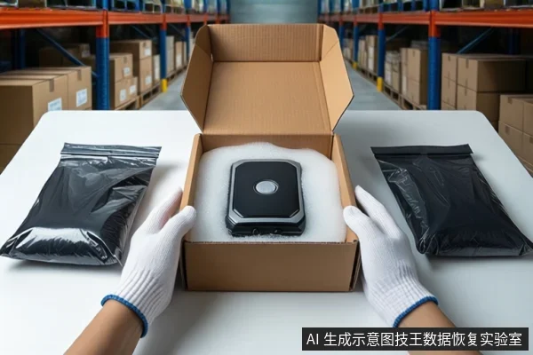 仓库环境中，白色桌面上放置一个打开的棕色纸箱，箱内白色防震泡沫中固定着一块黑色移动硬盘。一双戴白色手套的手正扶握纸箱两侧。左右两侧桌面上各放置一个封口的黑色防静电袋。背景可见货架和堆叠的纸箱。