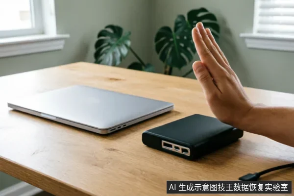 木质桌面上放置着一台闭合的银色笔记本电脑和一个黑色移动硬盘盒,旁边有一根USB数据线。画面右侧有一只手伸出,手掌朝向设备做出明显的停止或拒绝手势,示意暂停操作。