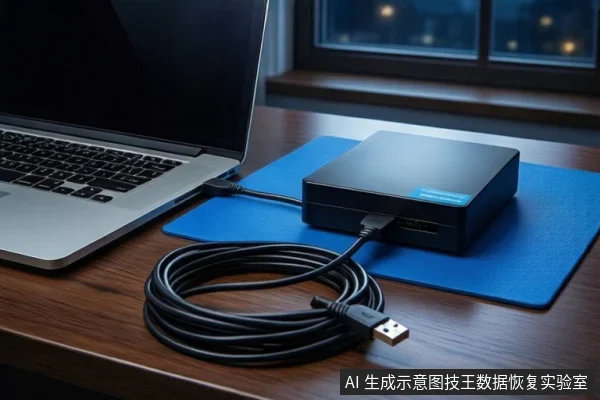 深色木桌上左侧有一台打开的银色笔记本电脑,中间蓝色垫子上平放一个黑色硬盘盒,一根黑色线缆连接两者,前景盘绕一根黑色USB线缆,背景是夜晚的窗户。