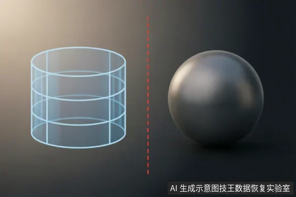 画面左侧为一个淡蓝色线框圆柱体,右侧为一个深灰色金属球体,中间由红色虚线垂直分隔。该图通过几何图形对比,抽象地展示了数据恢复中不同故障状态或组件的界限与隔离概念。