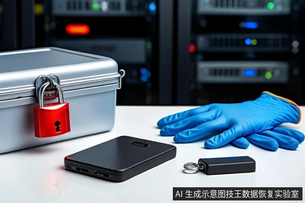白色桌面上平放一个闭合的银色金属防震箱，箱体挂有红色挂锁。前景平放一个黑色移动硬盘和一个黑色USB闪存盘，右侧平放一双蓝色橡胶手套。背景为模糊的服务器机柜。