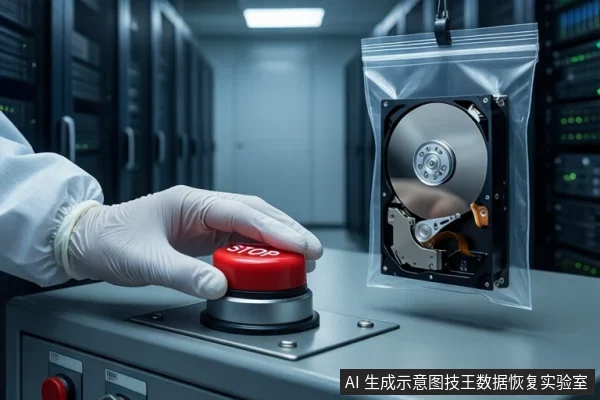 服务器机房内，一只戴白色手套的手正按压灰色设备上的红色STOP按钮，右侧悬挂着一个装有打开外壳机械硬盘的透明防静电袋。