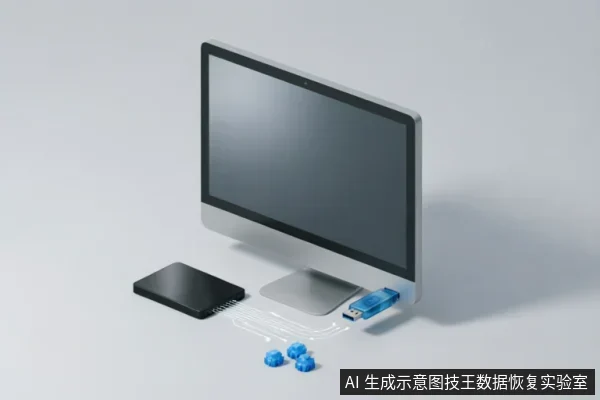 一台银色一体机电脑侧面插入蓝色USB设备,旁边放置黑色移动硬盘。两者之间有白色线条示意数据传输,下方散落着几个蓝色齿轮图标,象征数据处理或系统维护过程。