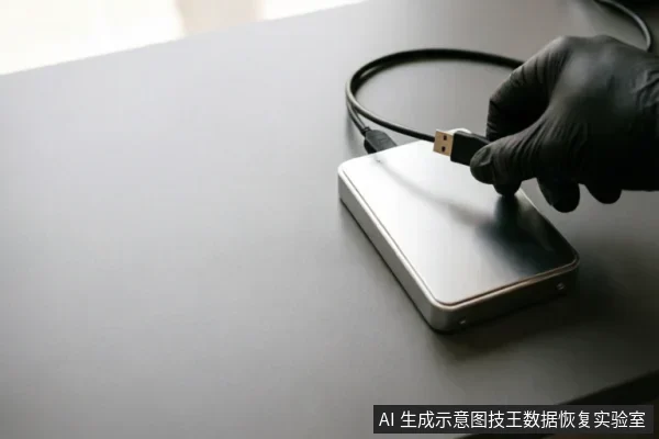 一只戴着黑色手套的手正捏住USB数据线的接口,准备将其插入或拔出一个放置在灰色桌面上的银色移动硬盘。画面聚焦于外部连接操作,表现了检查线缆与设备物理连接的状态。