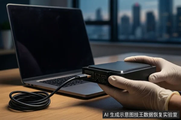 木质桌面上,前景一双戴白手套的手持握一个黑色外接硬盘盒,线缆连接至后方一台打开的笔记本电脑。背景为模糊的窗户和城市夜景。