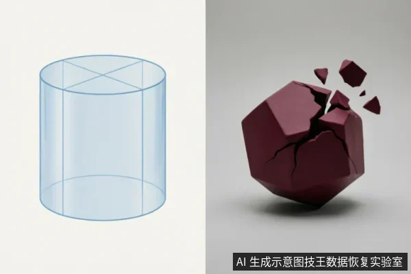 左侧为带有内部交叉支撑结构的透明圆柱体线框图,右侧为一个深红色多面体正在破碎崩解,碎片向外飞溅。画面通过几何体的完整性与破碎感形成对比,隐喻精密存储介质在遭受物理应力或不当操作后发生的不可逆损坏。