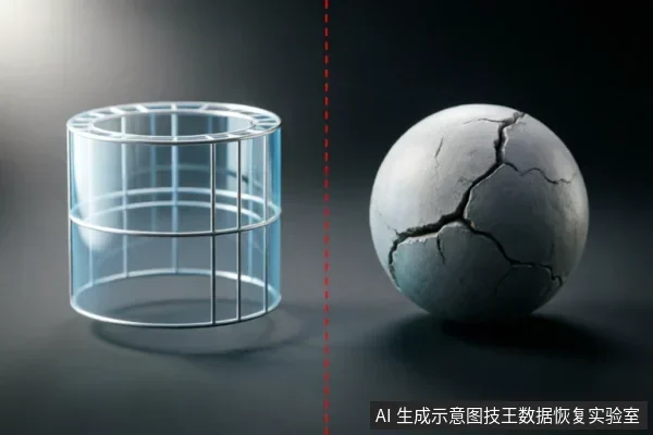 画面被红色虚线分为左右两部分。左侧是一个透明且结构完好的圆柱形金属笼状框架，象征逻辑层面的数据或软件环境；右侧是一个表面布满裂痕、质地粗糙的灰色球体，象征遭受严重物理损伤的硬件。两者形成鲜明对比，直观展示了逻辑故障与物理损坏的区别。