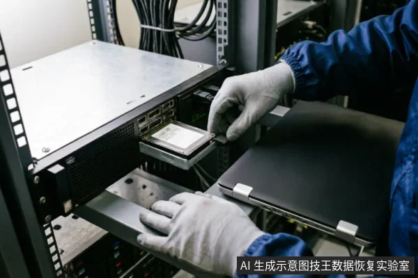 一名身穿蓝色工作服并佩戴防静电手套的技术人员,正在服务器机架环境中将一块硬盘安装或取出到金属托架中。旁边放置有一台闭合的笔记本电脑,展示了数据恢复或硬件检测过程中的物理介质操作场景。