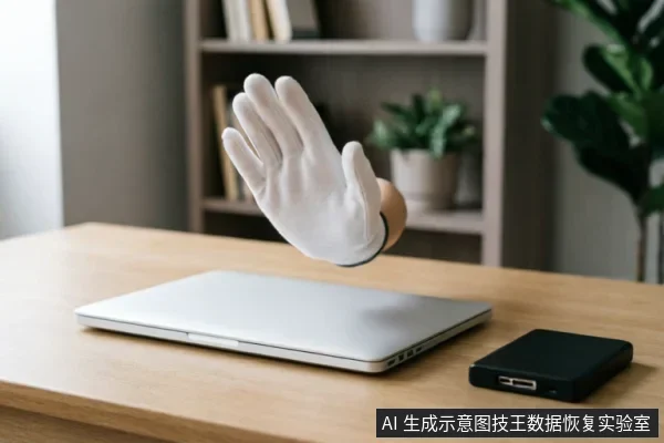 一只戴着白色手套的手在闭合的笔记本电脑上方做出停止手势,旁边放置着一个黑色移动硬盘盒。画面通过肢体语言直观传达在设备故障时禁止操作、立即停手的警示信息。