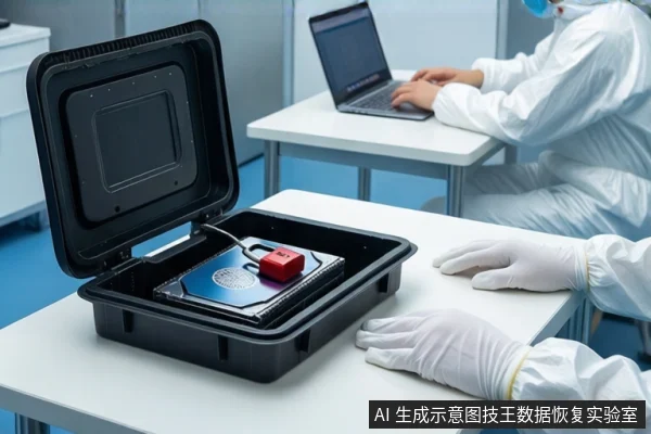 洁净室白色桌面上,前景打开的黑色防震箱内固定一块机械硬盘,上方连接红色模块。前景一双戴白手套的手平放在桌边,背景中一名穿无尘服的技术人员正在操作笔记本电脑。