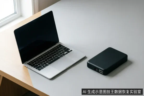一张浅色办公桌上放置着一台打开的银色笔记本电脑,屏幕黑屏无显示。电脑右侧连接着一个黑色的外接移动硬盘盒,侧面可见USB接口。画面展示了笔记本与外部存储设备的连接状态,环境整洁,光线明亮。