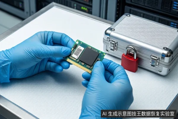 洁净室白色桌面上,戴蓝色手套的双手正持握一块绿色M.2固态硬盘,右侧为挂有红色挂锁的银色金属防震箱,背景可见服务器机柜。