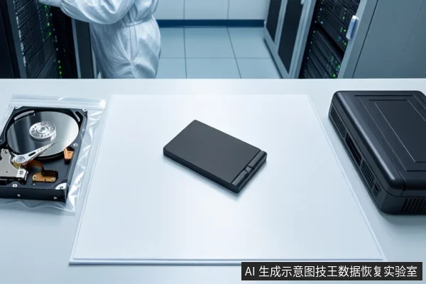洁净室白色桌面上,左侧防静电袋内装有一块打开外壳的机械硬盘,中间平放一块黑色固态硬盘,右侧放置一个黑色防震箱。背景中一名穿无尘服的技术人员站在服务器机柜旁。