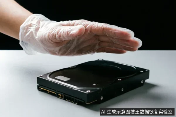 一只戴着透明防护手套的手悬停在平放的机械硬盘上方,做出停止或保护的手势。画面背景简洁,突出了对存储介质的谨慎处理与物理隔离状态,示意在数据故障时避免直接接触或误操作。