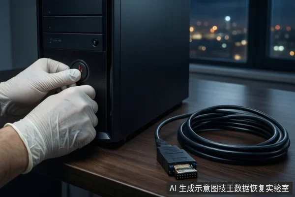 木质桌面上，左侧竖立一台黑色塔式主机，前景一双戴白手套的手正在按压主机正面的电源按钮。右侧盘绕着一根黑色SATA数据线。背景为模糊的窗户和城市夜景。