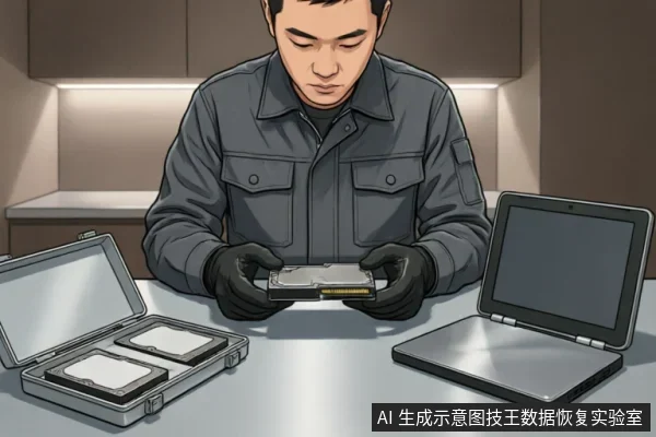 一名身穿灰色工装、戴着黑色防静电手套的技术人员,正双手持握一块裸露的3.5英寸机械硬盘进行仔细检查。左侧桌面上放置着一个打开的金属硬盘收纳盒,内有两块硬盘;右侧是一台闭合状态的笔记本电脑。画面展示了数据恢复或硬件检测前的物理排查场景。
