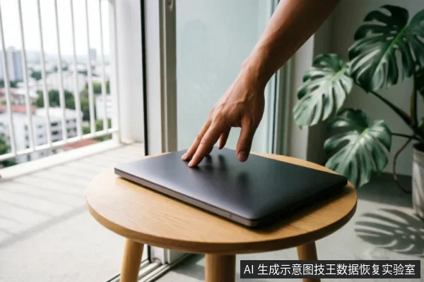 A hand reaching to pick up a closed laptop from a wooden table near a window. A potted plant is visible in the background.