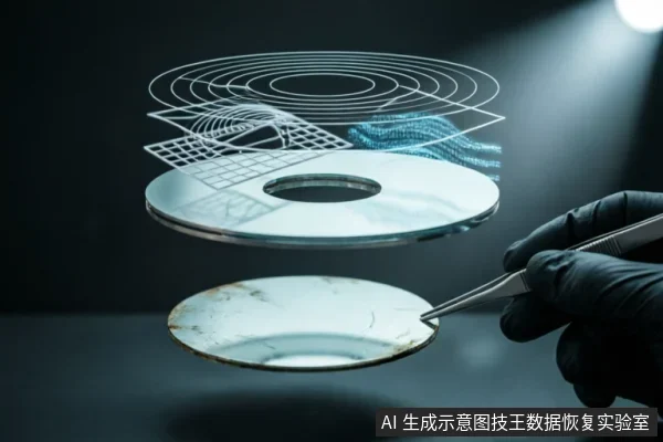 一只戴着黑色手套的手使用镊子夹持一块表面有划痕的圆形磁盘盘片，上方悬浮着另一块洁净盘片及代表数据结构的线框网格与波纹，背景深暗。
