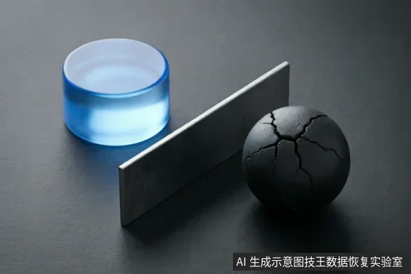 画面展示了一个发光的蓝色圆柱体、一块倾斜的金属隔板和一个表面布满裂纹的黑色球体。三者呈线性排列，金属板将发光的圆柱体与破损的球体物理隔绝，直观呈现了阻断与隔离的状态。