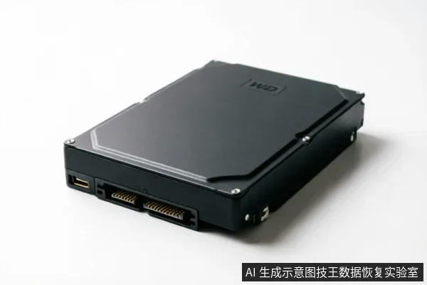 一张黑色WD品牌机械硬盘的侧面特写图,清晰展示了SATA数据接口、电源接口及固定螺丝等硬件细节,背景为纯白。