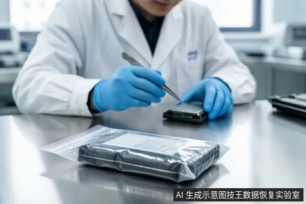 穿白大褂戴蓝色手套的人员在实验台用镊子操作一块裸露电路板,旁边有密封袋装存储设备。