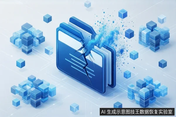 画面中央是一个蓝色文件夹图标，中间出现明显裂缝并有蓝色粒子向外飞溅。背景为浅蓝色科技网格，四周分布着多个由小方块组成的数据堆叠结构。