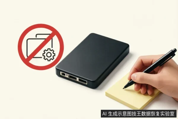 画面左侧为禁止文件夹与齿轮组合的红色图标，中间放置一块黑色移动硬盘，右侧一只手正持笔在黄色便签纸上记录信息。