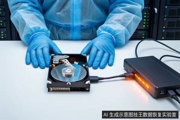 洁净室白色桌面上,穿蓝色无尘服戴蓝手套的双手平放在一块打开外壳的机械硬盘两侧,右侧黑色设备通过线缆连接硬盘,设备指示灯亮起,背景可见服务器机柜。