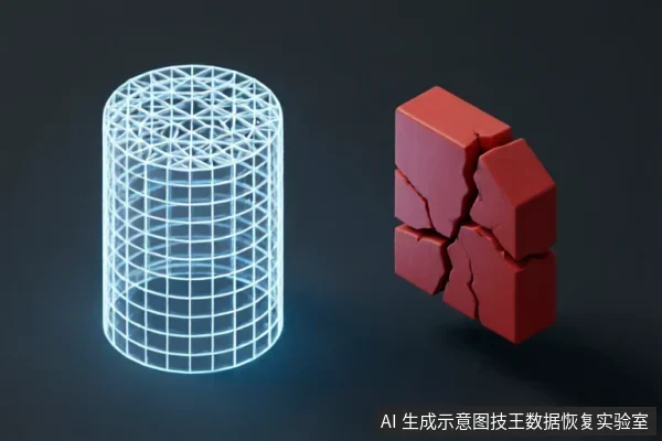 左侧为一个发光的蓝色线框圆柱体,象征完整的数据结构或逻辑扇区;右侧为一组破碎、裂开的红色块状物,象征物理损坏的存储介质或数据断裂。两者并置形成对比,直观展示了软件逻辑校验与硬件物理故障之间的差异。