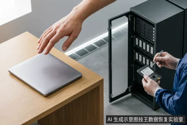 图片展示数据恢复场景:右侧技术人员在机柜前手持硬盘与工具进行专业检查,左侧桌面上放置一台闭合的笔记本电脑。画面通过对比个人设备与专业环境,示意将存储介质交由专业机构进行只读评估与原始介质保护的过程。