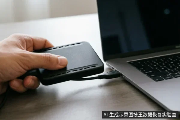 一只手正握持黑色移动硬盘盒,将其通过USB数据线连接至笔记本电脑的接口。画面展示了外部存储设备与电脑建立物理连接的过程,背景为桌面环境。