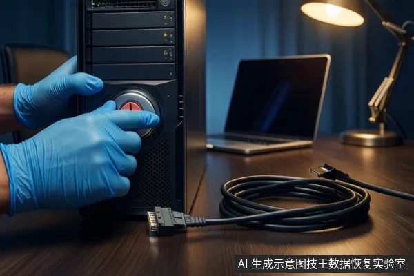 木质桌面上,戴蓝色手套的双手正按压黑色塔式主机正面的红色电源按钮,右侧为打开的银色金属防震箱,箱内平放一块机械硬盘,背景为模糊的室内台灯。