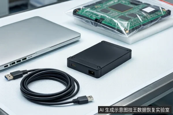 白色防静电工作台上,左侧是一台银色笔记本电脑,中间平放一个黑色外接硬盘盒,前景盘绕一根黑色USB线缆。右上方透明防静电袋中装有一块绿色电路板。