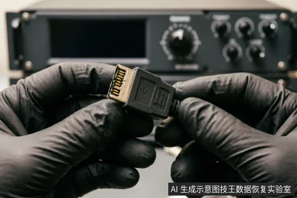 戴着黑色防静电手套的双手正捏住一根SATA数据线的接口端进行展示，背景模糊可见带有旋钮的黑色电子测试仪器。画面聚焦于接口针脚与线缆连接处，体现了对硬件物理链路及接口的检查动作。
