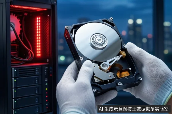戴白手套的双手正持握一块打开外壳的机械硬盘,可见盘片与磁头组件,左侧为一台亮着红色灯光的黑色塔式主机,背景为模糊的城市夜景。