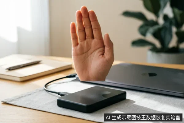 一只手掌在连接着移动硬盘的笔记本电脑前做出停止手势，示意立即断电或停止操作。画面展示了桌面环境下的外置存储设备，直观表达了在硬盘掉盘故障发生时，应第一时间禁止通电、保护原始数据状态的紧急处理原则。