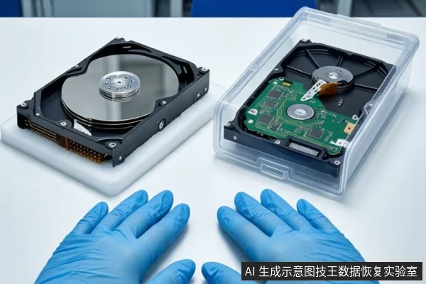 白色桌面上,左侧白色泡沫垫上平放一块打开外壳的机械硬盘,右侧透明盒内平放另一块硬盘。前景一双戴蓝色手套的手掌平放在桌面上,呈静态展示姿态。