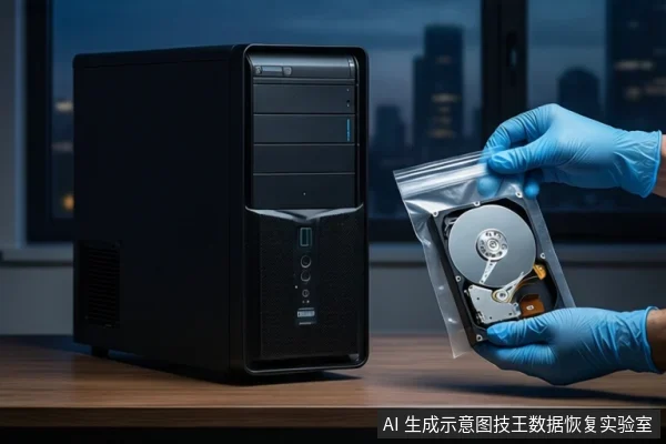 木质桌面上,左侧放置一台黑色塔式主机,右侧一双戴蓝色手套的手持透明防静电袋,袋内装有一块打开外壳的机械硬盘,背景为模糊的城市夜景。