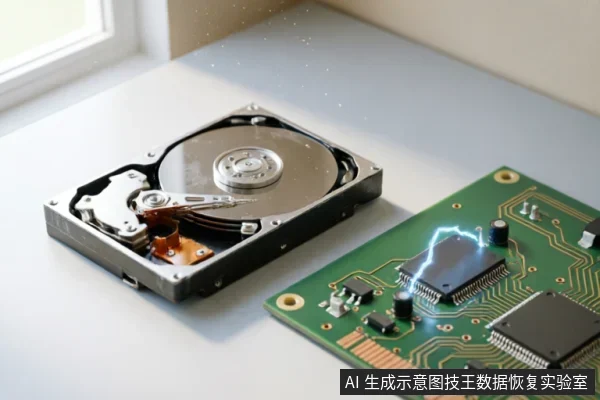 画面展示了一个打开外壳的机械硬盘与一块绿色电路板并置。电路板上的一颗芯片正发出蓝色电弧，象征静电放电或电子元件损坏；同时空气中漂浮着细微尘埃颗粒，直观呈现了非无尘环境下的灰尘风险与静电危害。