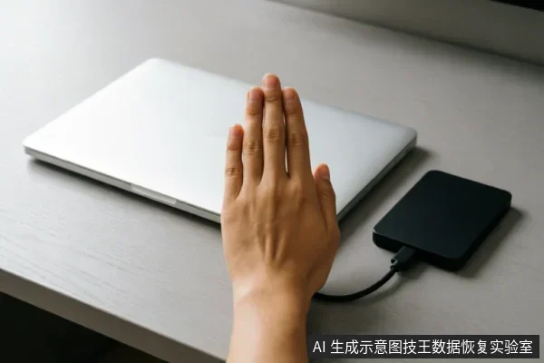 一只手掌在闭合的银色笔记本电脑前做出停止手势,旁边连接着一个黑色移动硬盘,示意在设备故障时立即断电并停止操作,以保护原始介质数据。