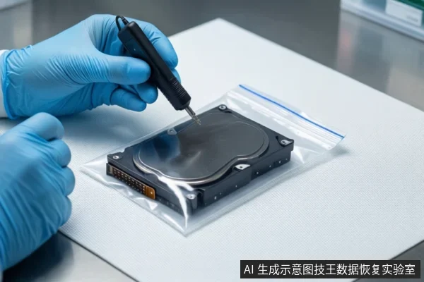 白色防静电工作台上,一双戴蓝色手套的手持黑色精密螺丝刀,正在操作透明防静电袋内的一块打开外壳的机械硬盘。